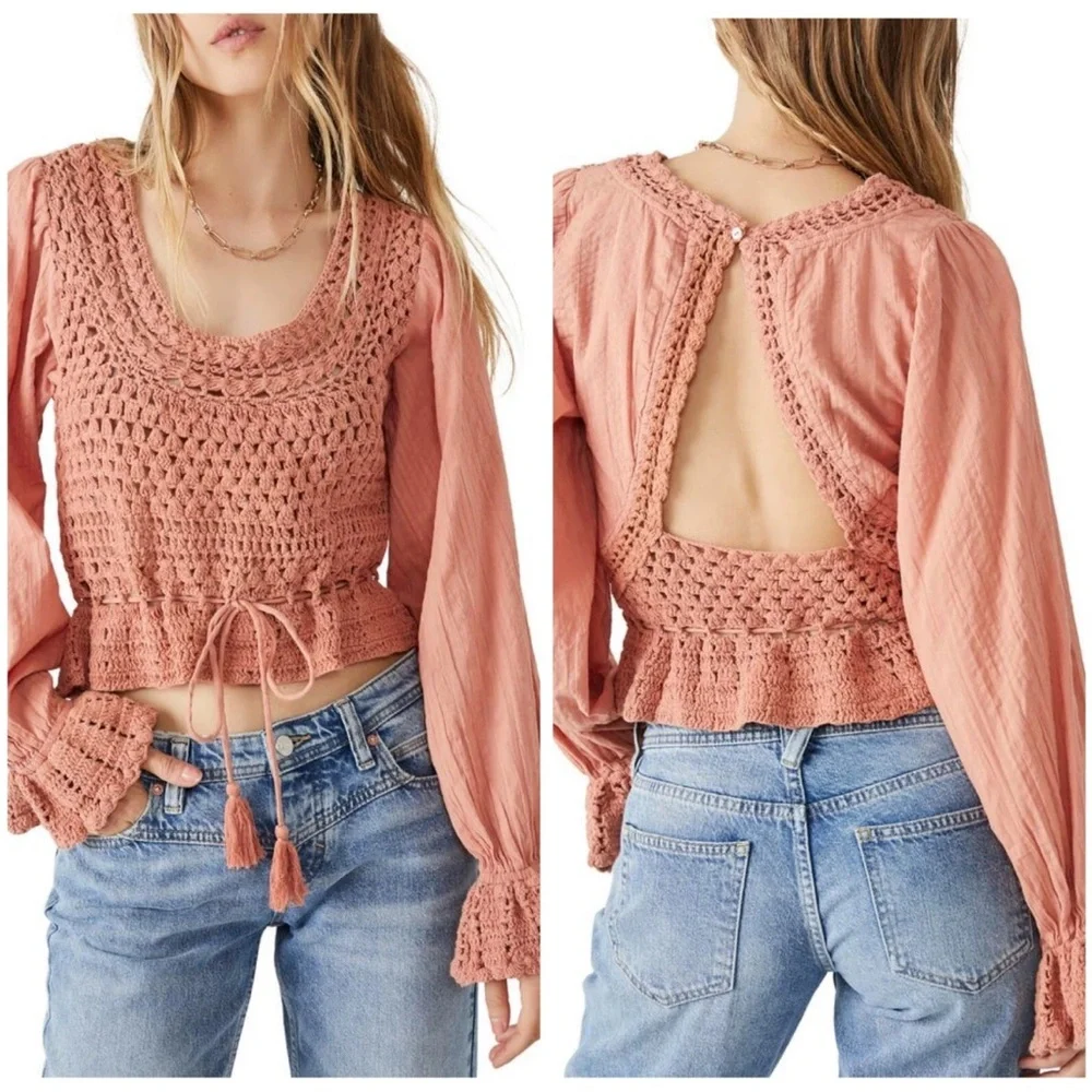 Free People Crochet Cropped Top Knit Peach Open Back XS Boho Bohemian